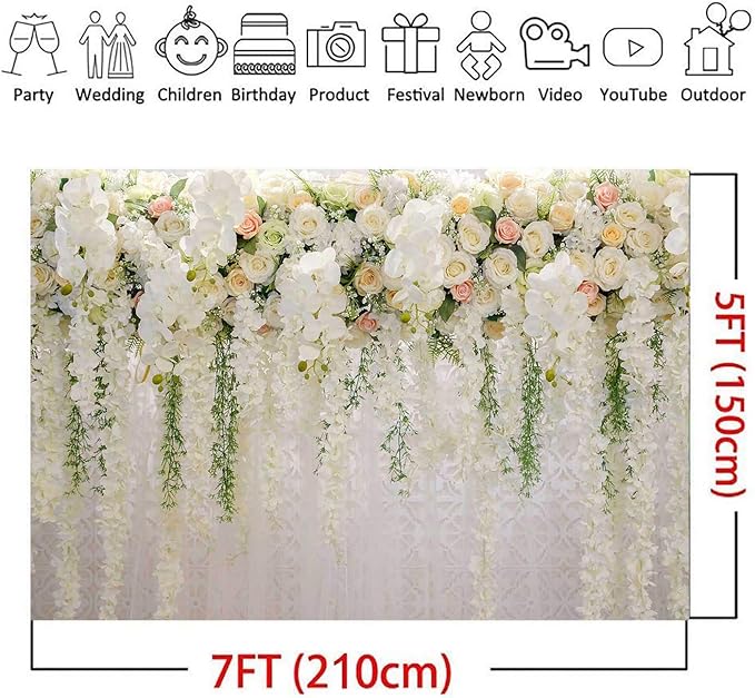 White Rose Floral Theme Photography Backdrops Bridal Shower Wedding Flowers Photo Background Baby Girl Birthday Party Portrait Dessert Cake Table Decor Photo Booth Studio Props 7x5ft