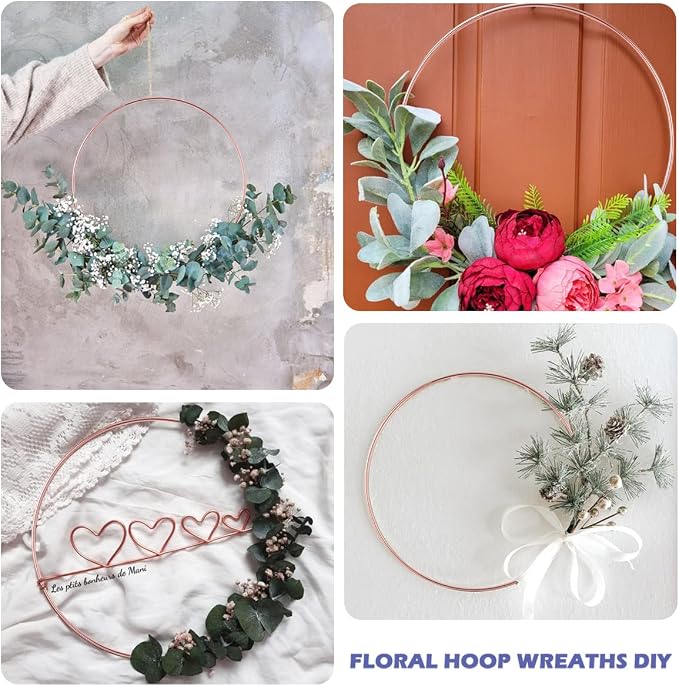 12 Pack Floral Hoop with Stand and LED Fairy Lights 10 inch Metal Rings for DIY Centerpiece Table Decorations Crafts Macrame Rings Hoop Wreath Dream Catcher Wedding Christmas Wreaths, Rose Gold