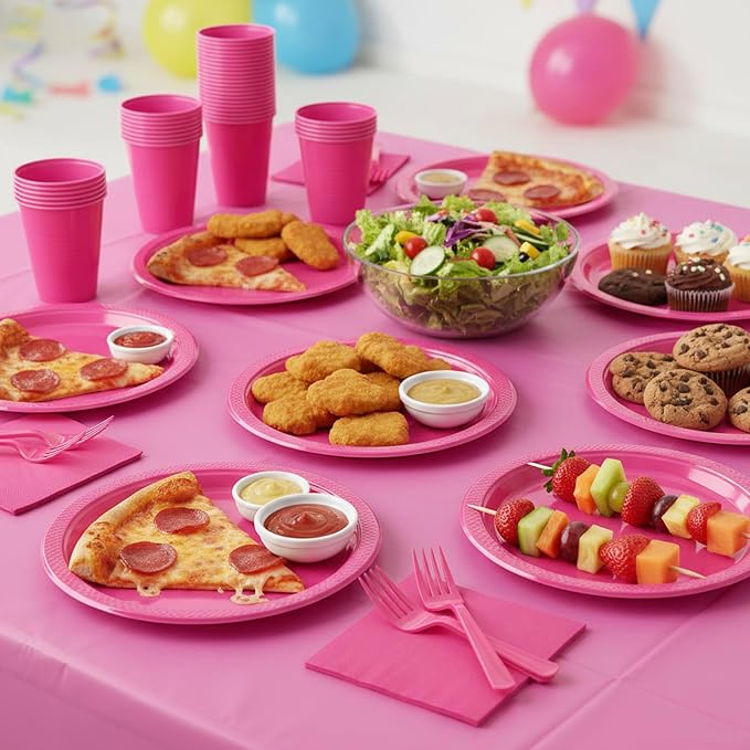 Hot Pink Plastic Plates for Party,30 Guest Disposable Plastic Plate Set 9" Plates,7" Dessert Plates,Napkins,12 oz Cups,Forks & Tablecloth for Girls Women,Summer Party,Birthday