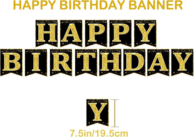 Black and Gold Birthday Decorations Kit for Men and Women, Happy Birthday Banner, Backdrop, Porch Sign, 6 Pcs Honeycomb Centerpieces, 6Pcs Hanging Swirls, Party Supplies (Black Gold For All Ages)