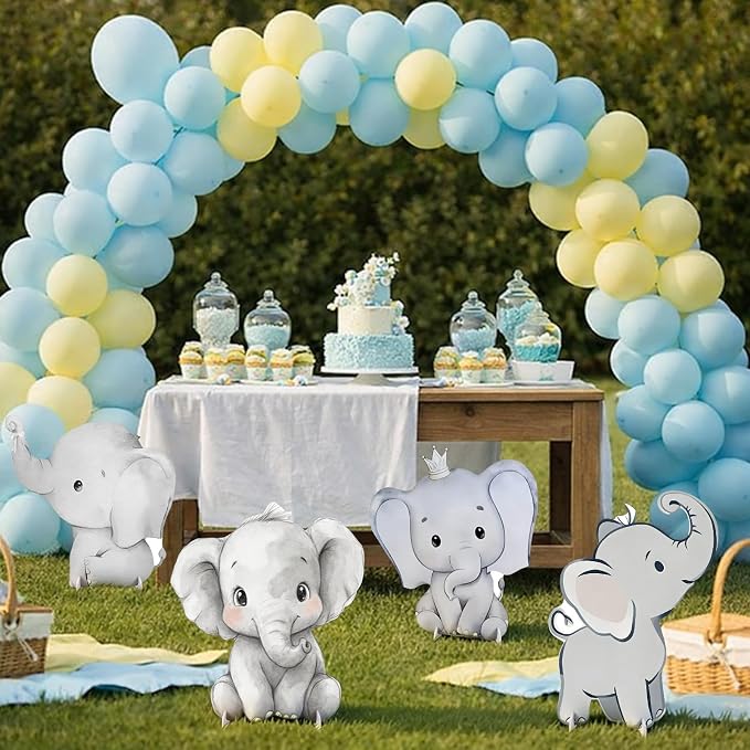 4 Pack Elephant Baby Shower Decorations, Large Baby Elephant Cardboard Cutouts Standup, Blue Cartoon Birthday Party Signs for Photo Booth Props Backdrops Decor Displays Party Supplies
