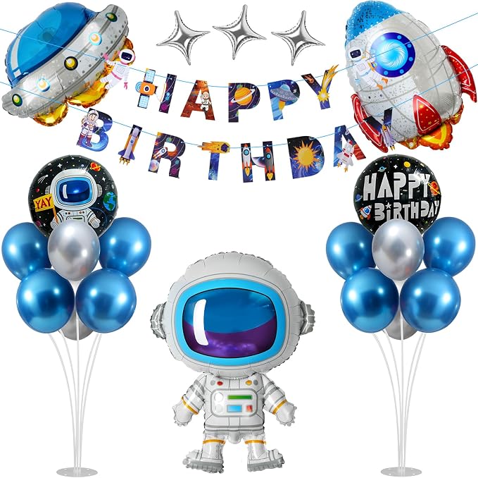 Outer Space Birthday Party Decorations, Space Themed Decor, Spaceship, Rocket, Astronaut Foil Balloon, Happy Birthday Banner, Balloon Stand Kit 2 Sets for Birth day Party Decor Boys
