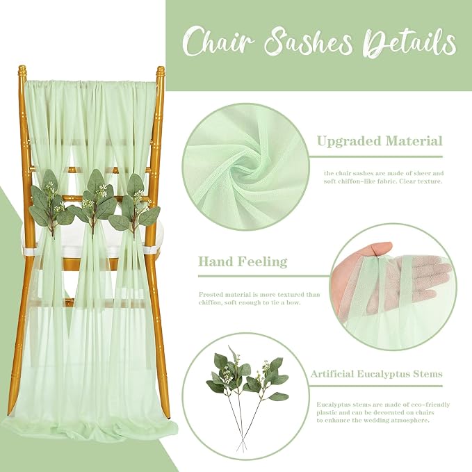 QueenDream Wedding Chair Sashes Aisle Decorations: 24 Pack Sage Green Chair Cover 8FT Long Tulle Draping Fabric Reception Church