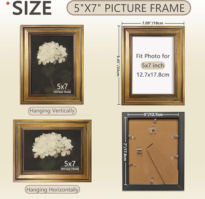 5x7 Picture Frame – Vintage Gold Picture Frames for Tabletop & Wall Mount, 5 x 7 Photo Frame for Living Room, Bedroom, Office Décor & Wedding Gift