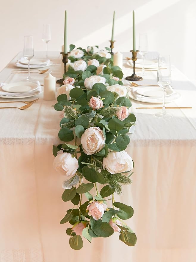 MISSPIN 2pcs Artificial Flowers Garland Spring Eucalyptus Garland Vintage Fake Flower Peony Rose Vine Greenery Decorative Wall Hanging Plant for Wedding Arch Door Arrangement Party Decor