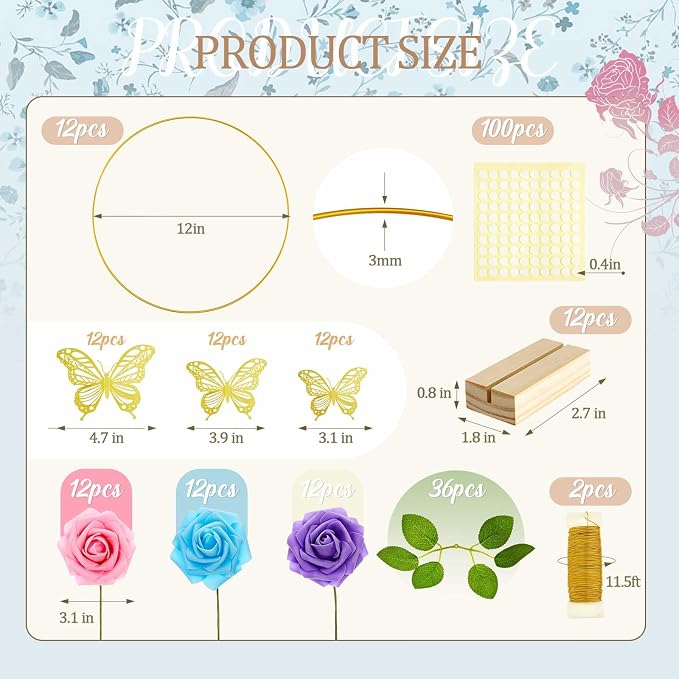 Vercraft 12 Set Butterfly Metal Floral Hoop Table Centerpieces, Metal Ring with 3D Butterfly Decor, PE Foam Flower, Adhesive Dot, Gold Wires for DIY Wedding Party(Blue, Purple, Pink,Round)