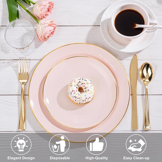 Nervure 100PCS Pink and Gold Plastic Plates - 10.25 inch Pink Disposable Plates with Gold Rim - Party Plate - Dinner Plate Ideal for Wedding & Party & Mothers Day