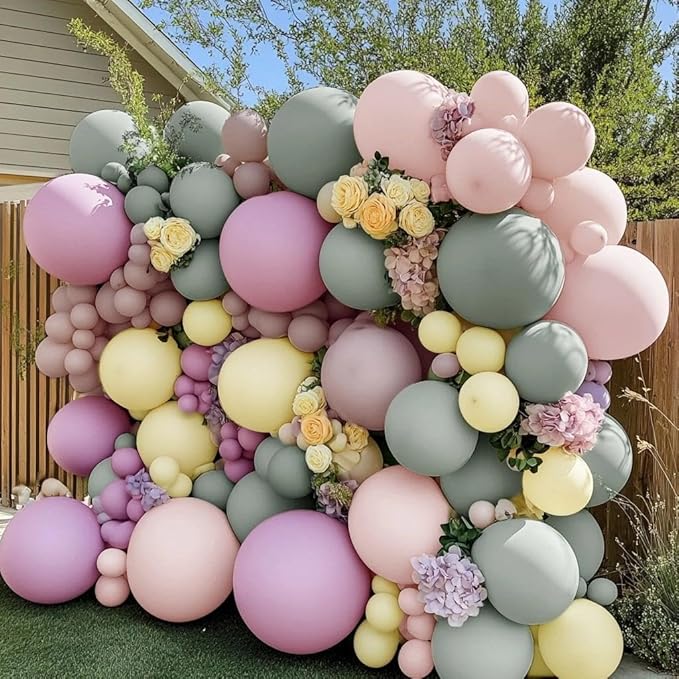 Dusty Green Pink Yellow Balloon Garland Double Stuffed Pastel Pink Yellow Haze Purple Green Floral Pastel Balloons Arch Kit for Birthday Wild Flower Tea Baby Shower Garden Party Decoration