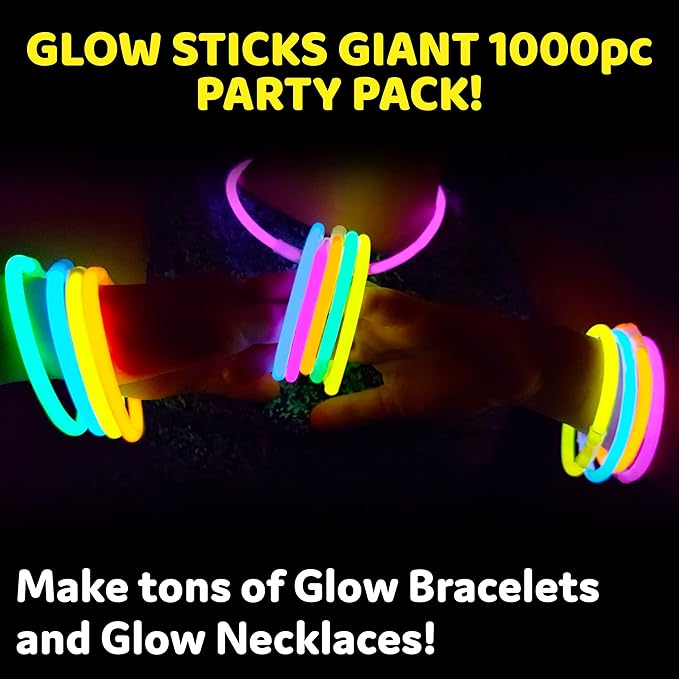 PartySticks Glow Sticks Party Supplies 1000 pack - 8 Inch Glow in The Dark Light Up Sticks Party Favors, Glow Party Decorations, Neon Party Glow Necklaces and Glow Bracelets with Connectors