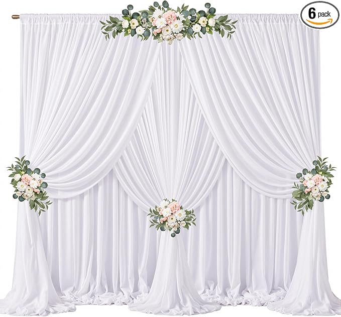 30ft x 10ft White Chiffon Backdrop Curtains, Wrinkle-Free Sheer Chiffon Fabric Photo Curtain Drapes for Wedding Ceremony Arch Party Stage Photography Decorations
