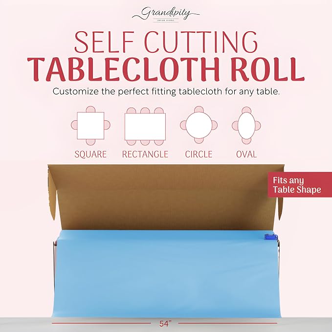 Grandipity Plastic Tablecloth Roll - 54in x 300 Ft. Sky Blue Plastic Table Cloths for Parties Disposable with Cutter Box - Cut to Size Disposable Tablecloth Table Cover for Rectangle & Round