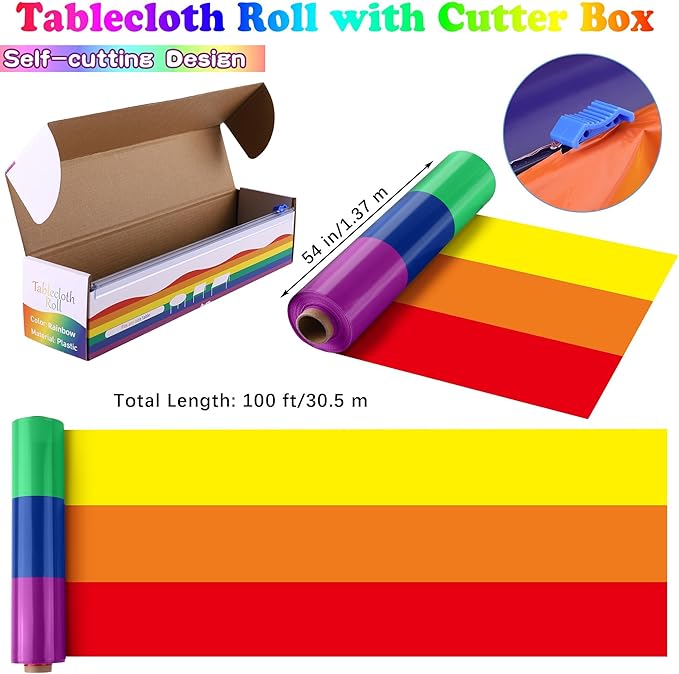 Kochorie 100 Ft x 54 Inch Rainbow Tablecloth Roll with Cutter Box Gay Pride Tablecloth Cut to Size Table Cover Disposable Rainbow Pride Backdrop for Indoor Outdoor Events Party Supplies