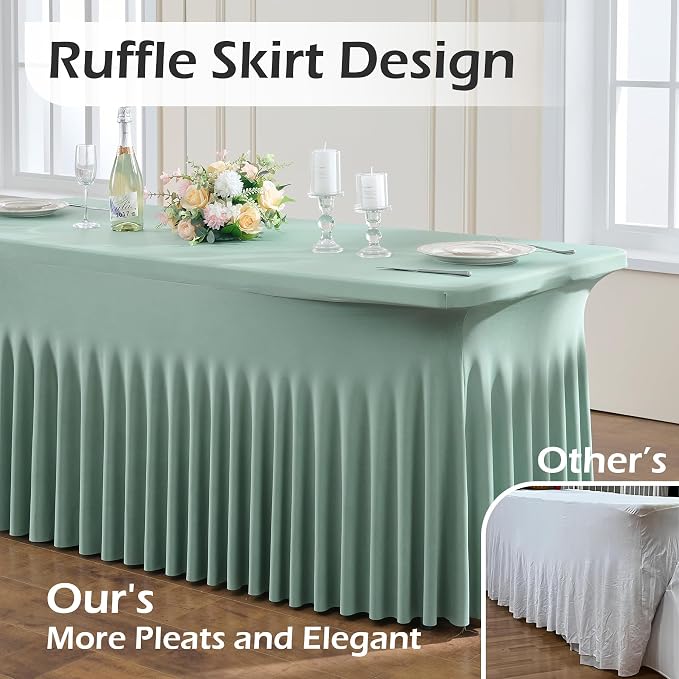 NSSONBEN 2 pk Sage Green Spandex Tablecloth for 8 Foot Rectangle Tables,Wrinkle Free Fitted Spandex Table Covers 8ft Stretch Table Cloths with Ruffle Skirt for Parties Weddings Banquet Baby Shower