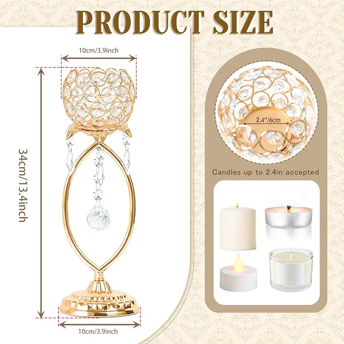 2 Pcs Elegant Metal Crystal Tea Light Candle Holders with Crystal Pendants, Hollow Design - Wedding Table Centerpieces for Anniversary Birthday Party, Home Decor (12, Gold)