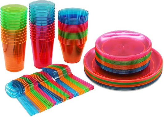 Party Essentials Party Supplies Set/Blacklight UV Glow in The Dark Kit, 9" Plates, 6" Plates, 10 oz. Tumblers, 9 oz. Tumblers, Cutlery, 412 Piece, Assorted Neon (N343681)