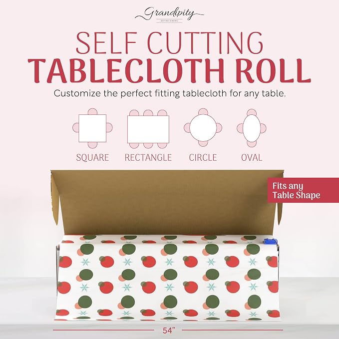 Grandipity Plastic Tablecloth Roll - 54in x 100 Ft. Holiday Plastic Table Cloths for Parties Disposable with Cutter Box - Cut to Size Disposable Tablecloth Table Cover for Rectangle & Round