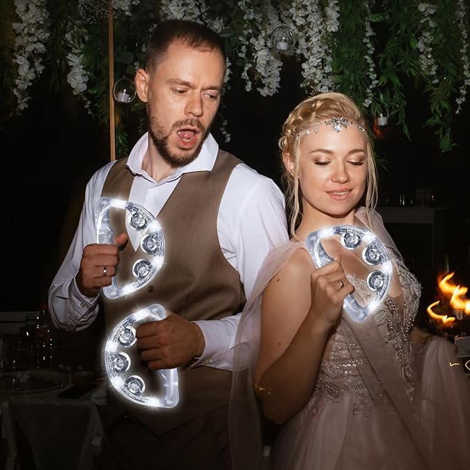 Yunsailing 24 Pack LED Light up Tambourines Musical Flashing Tambourine Toys Handheld Percussion Instrument Glow in The Dark Party Supplies for Teenagers Adults Wedding Party Favors (White)