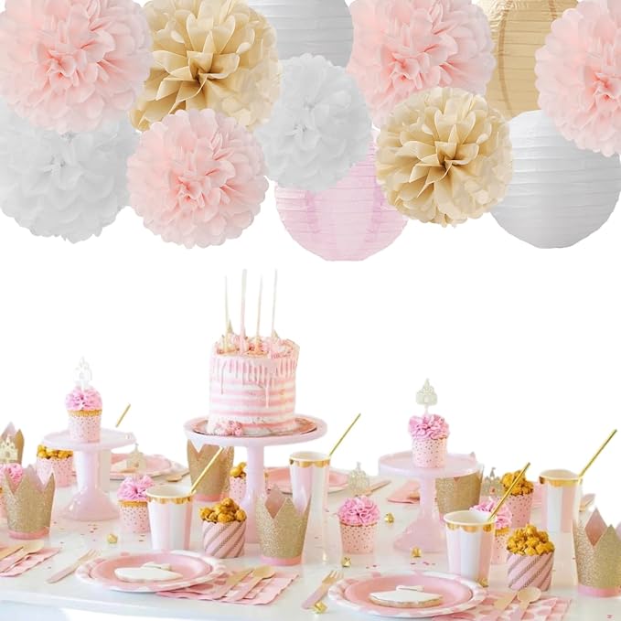Light-Pink Gold White Party-Decorations Paper-Flowers Lanterns Panduola | 15pc Boho Tissue Pom Poms Streamers,Birthday Bachelorette Bridal Baby Shower Engagement Wedding Graduations Decor Panduola