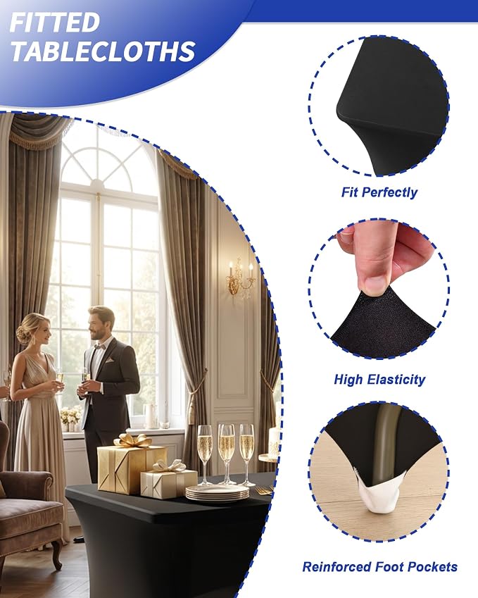 Fixwal Black Tablecloths for 8 Foot Rectangle Tables, 8 Pack Spandex Stretch Fitted Table Covers for Party, Trade Show, Banquet, Wedding, Buffet
