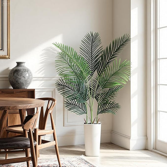 Jocoevol Artificial Areca Palm Tree 5FT Fake Potted Plant Faux Silk Tropical Areca Palm Real Bark Design, Large Artificial Plant in Tall White Pot for Home Living Room House Warming Floor Decor