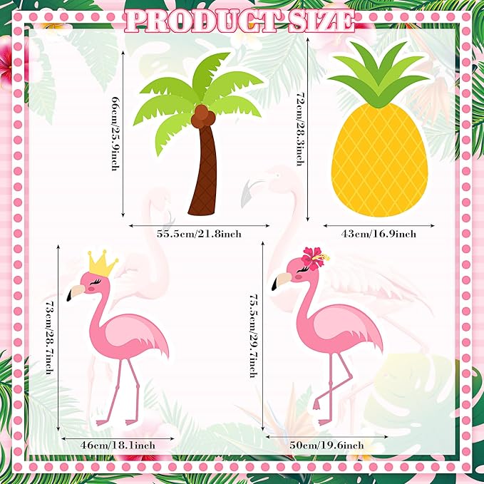Honoson 4 Pcs 21.8" x 29.7" Large Tropical Flamingo Cardboard Cutouts, Pink Flamingo Birthday Decoration Yard Signs Standee for Hawaiian Summer Beach Luau Party Supplies Bachelorette Pineapple