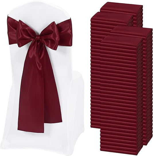 120 PCS Burgundy Satin Chair Sashes, Ties Bows Designed Chairs Decorative, Chair Cover Sashes for Thanksgiving Wedding Christmas Banquet Party Home Kitchen Decoration (7 x 108 inch)