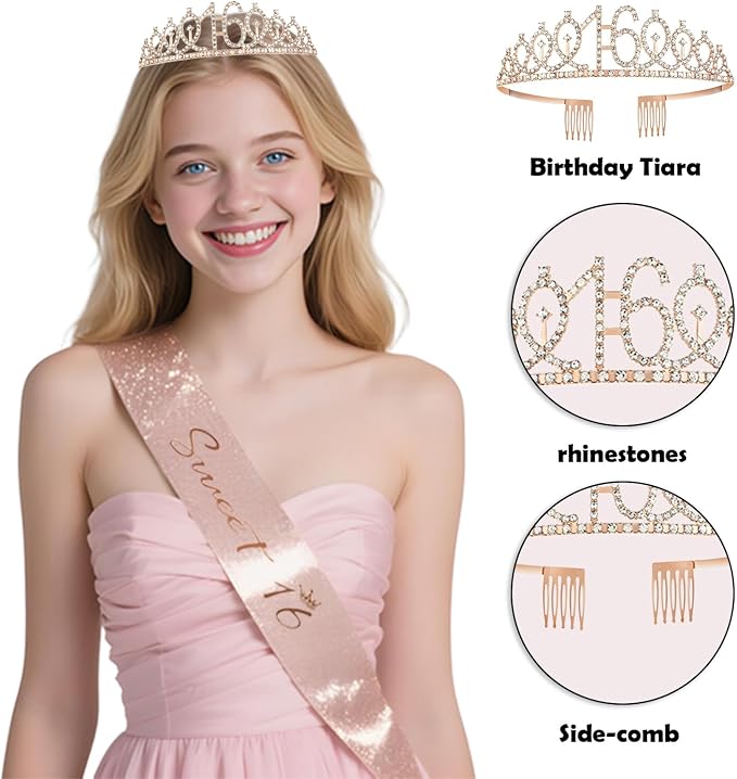 Sweet 16 Party Decorations, Happy 16th Birthday Decorations for Girls, Black Rose Gold Sweet Sixteen Decor Include Sash and Crown, Balloons, Banner, Backdrop, Cake Topper & 6pcs Paper Pom Poms