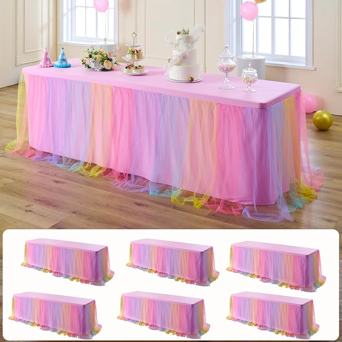 6 pk 8ft Rainbow Tulle Tablecloth for Rectangle Tables, 2-in-1 Pastel Color Table Covers with Tulle Skirt,Wrinkle Free Stretchy Ruffle Tulle Table Cloths Fitted for Wedding Party Banquet Vendor