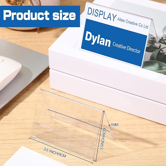 Vicenpal 50 Pieces Clear Plastic Name Tent Holders 3.5'' X 2.5'' Acrylic Name Plate for Desk PVC Table Tent Card Holder Desk Sign Frame for Office Table Business Conference School Meeting Room