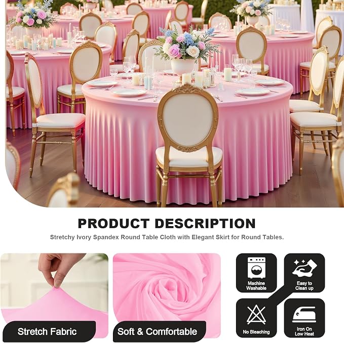 2 Pack Pink 72 inch Round Spandex Tablecloth, Washable Stretchy Fitted 6FT Round Tables,Elastic Edge with Skirt, Wrinkle-Free Table Cloths for Wedding Banquet Party Birthday Buffet