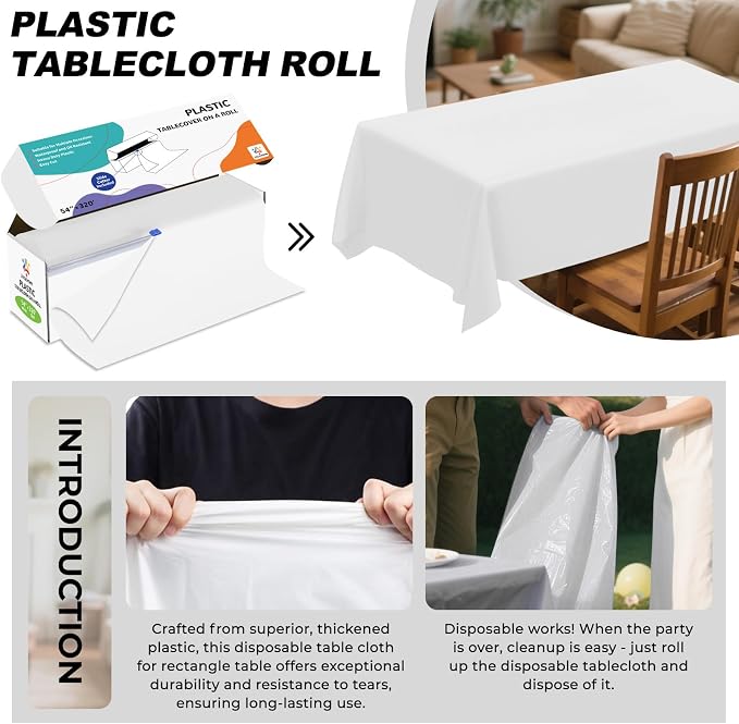 54IN X 320FT Plastic Table Cover Roll with Cutter Box, Cut to Size Plastic Table Cloths for Parties, Birthday, Disposable Tablecloth Roll for All Shape Tables (White, 54 Inch X 320 Feet)