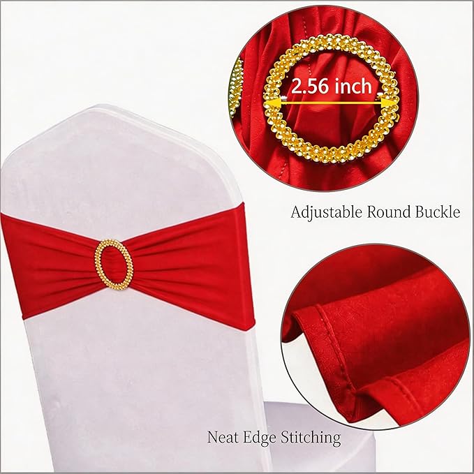 Pack of 100 Spandex Red Chair Sashes with Gold Buckles, Stretch Chairs Sashes for Wedding Party Baby Shower Ceremony Event Decorations Chair Bands Bows (Red Sashes, Gold Buckles)