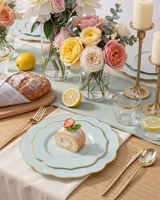 bUCLA 180PCS Green Plastic Plates - Disposable Sage Green with Gold Rim - Include 30 (Dinner & Dessert) Plates, 30 Knives, 30 Forks, 30 Spoons and 30 Cups for Party, Spring & Shower