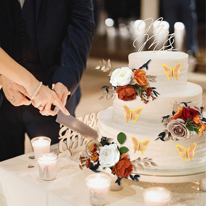 Leinuosen 14 Pcs Wedding Cake Flowers Set Include 3 Burnt Orange Flowers for Cake Decorating 1 Wood Mr & Mrs Toppers 10 Butterfly Decoration Cakes Topper for Wedding Anniversary Birthday Party Decor