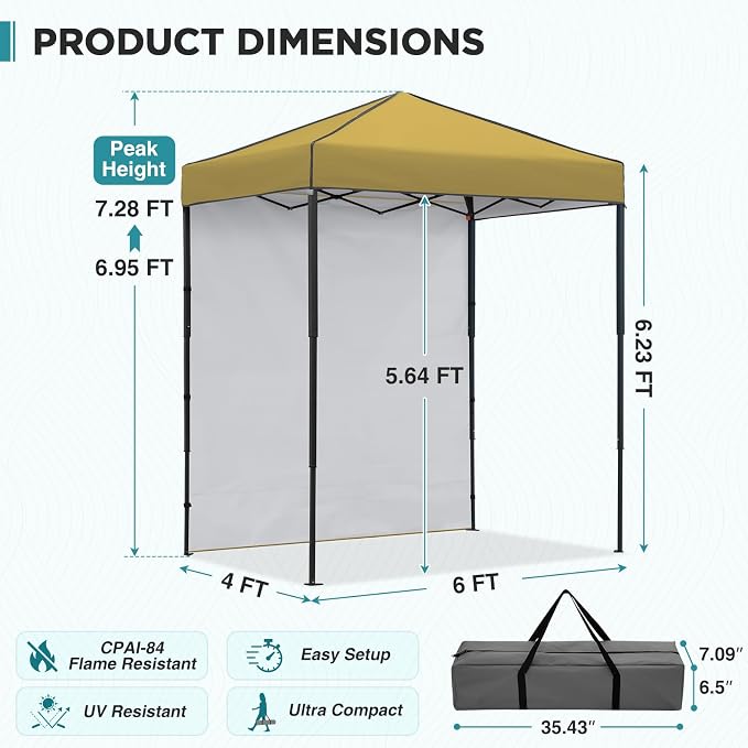 EAGLE PEAK 6x4 Instant Pop Up Canopy Tent with 1 Side Wall Panel, Straight Leg Sun Shelter, Portable Canopy with Carry Bag for Camping, Beach & Sports, Beige