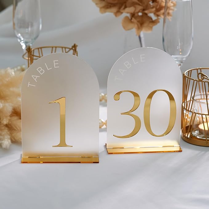 Frosted Arch Gold Table Numbers for Wedding Reception - Table numbers 1-30 - 5x7" Frosted Arch Acrylic Table Signs with Gold Mirror Numbers for Banquet, Party, Event, Anniversary (Table Numbers 1-30)