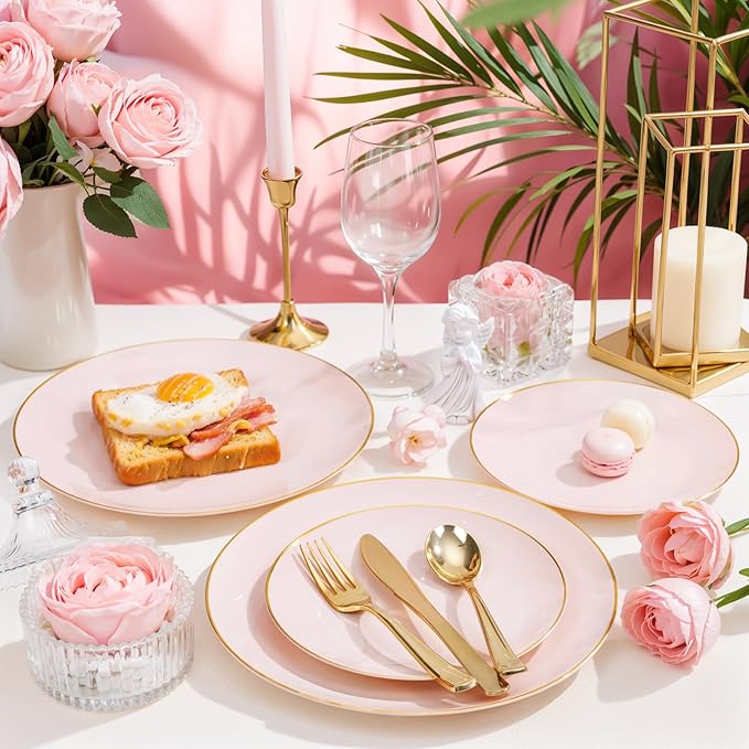 Nervure 100PCS Pink and Gold Plastic Plates - 10.25 inch Pink Disposable Plates with Gold Rim - Party Plate - Dinner Plate Ideal for Wedding & Party & Mothers Day