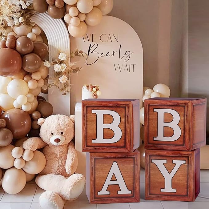 Voircoloria Baby Shower Decorations - Boxes with Letters for Gender Reveal (Wood) - 4 Balloon Boxes Included