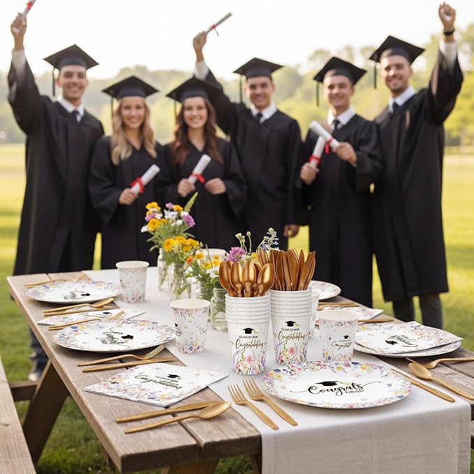 Pajean 350 Pcs 2026 Graduation Party Decorations Wildflower Graduation Oval Plates and Napkins Flowers Heavy Duty 12 inch Disposable Tableware Set for 50 Guests Class of 2026 Grad Party Supplies
