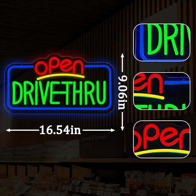 Drive Thru Open Neon Signs for Wall Decor LED Drive Thru Sign for Business for Fast Food, Electric Advertising Display Sign for Pizza Burger Business Shop Store Window Home Decor
