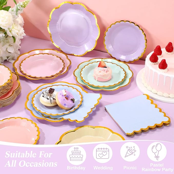 72 Pcs 24 Guests Pastel Plates and Napkins Party Supplies Pastel Scalloped Paper Plates Napkins Rainbow Disposable Tableware for Birthday Baby Shower Wedding Decorations