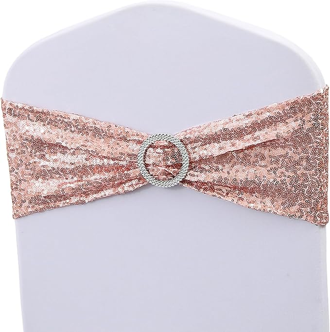Pack of 50 All Around Rose Gold Sequin Chair Sashes for Wedding Decor, Sequins Chair Bands with Silver Buckles for Party Baby Shower Fiestas Decorations, Glitter Rose Gold Chair Sashes