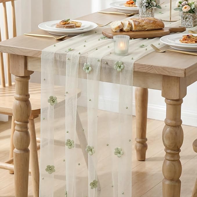 Artoid Mode Sage Green Flower Pearl White Gauze Table Runner 10FT, Seasonal Sheer Dining Holiday Wedding Birthday Baby Shower Table Decor for Home Party