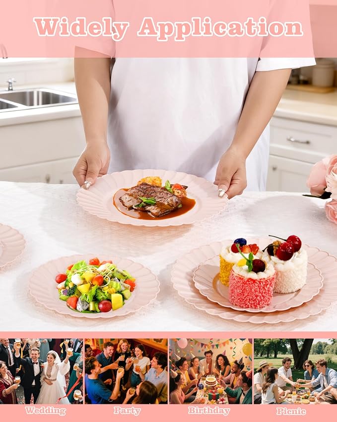 YOUBET 100PCS Pink Scalloped Plastic Plates - Heavy Duty Pink Disposable Fancy Hard Plates Include 50 Dinner Plate, 50 Dessert Plate, for Wedding & Party