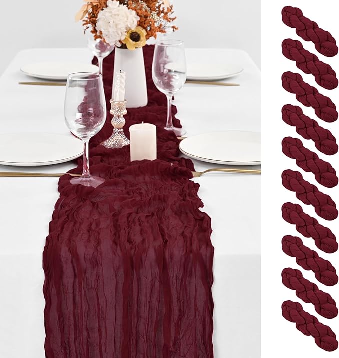 10 Pack Burgundy Table Runner 10Ft Cheesecloth Table Runner Boho Gauze Cheese Cloth Table Runners Romantic Long Sheer Fabric Table Runners for Wedding Party Bridal Shower(Burgundy)