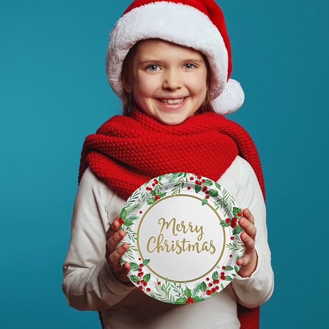 Christmas Party Supplies, Serve 50, Christmas Seasonal Holly Tableware Includes: Paper Dinner Plates, Dessert Plates, Luncheon Napkins and Beverage napkins, Great for Party Decorations (Pack of 2)