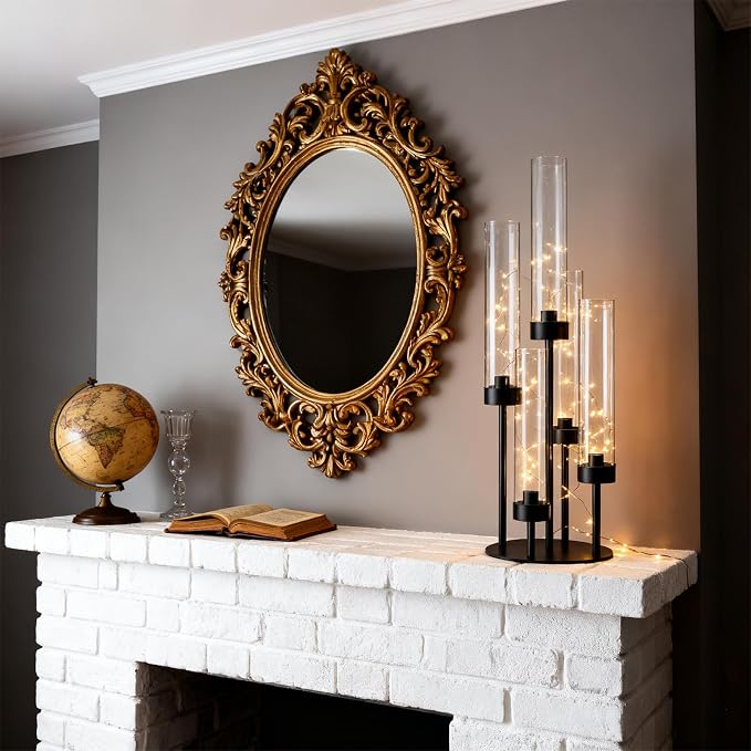 2Pcs 5-Arm Black Metal Table Candelabra Centerpiece, 22" Tall Acrylic Clear Candlesticks Holder with Shade for Valentines Day Events Party Table Centerpiece,Fit LED Candles