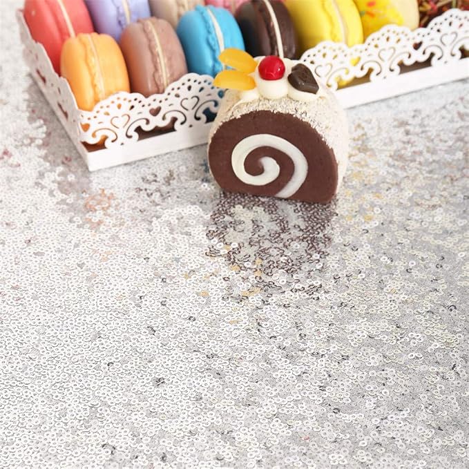 Eternal Beauty Silver Tablecloth, 50x80 Inch Sequin Rectangle Glitter Table Cover for Cake Dessert Exhibition Party Birthday Events