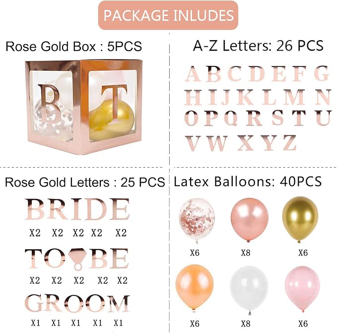 96 PC Bridal Shower Decorations Balloon Boxes Rose Gold - Transparent Block with BRIDE TO BE + GROOM + A - Z Letters and 40 Balloons- Engagement Bachelorette Parties Weddings Centerpieces Photo Booth