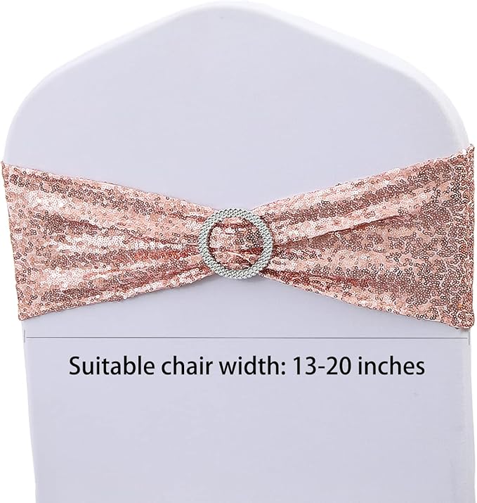 100 Pack All Around Sequin Rose Gold Chair Sashes Bows for Wedding Decor, Sequins Chair Bands with Buckles for Party Baby Shower Chair Decorations, Rose Gold Sequin Spandex Chair Sashes